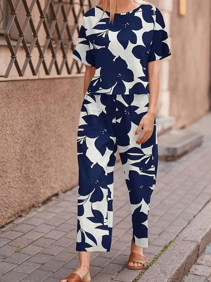 Women’s Casual Botanical Print Shirt & Wide-Leg Pants Set