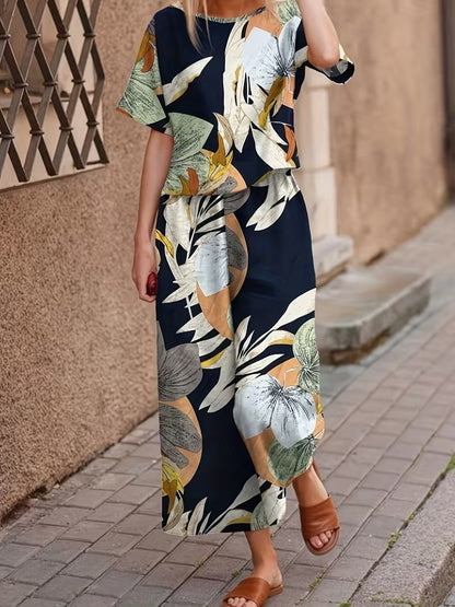 Women’s Casual Botanical Print Shirt & Wide-Leg Pants Set