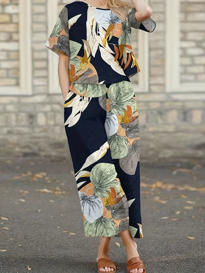 Women’s Casual Botanical Print Shirt & Wide-Leg Pants Set