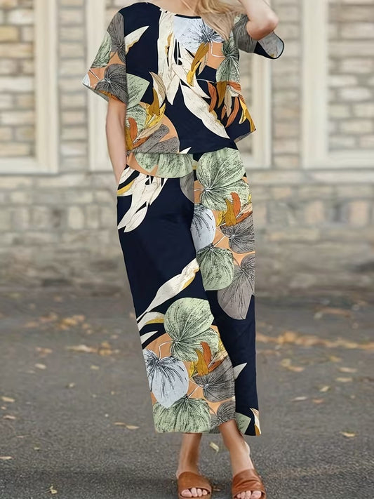 Women’s Casual Botanical Print Shirt & Wide-Leg Pants Set