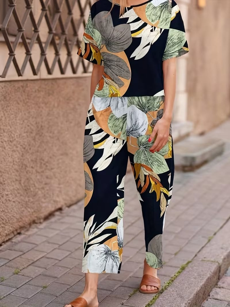 Women’s Casual Botanical Print Shirt & Wide-Leg Pants Set