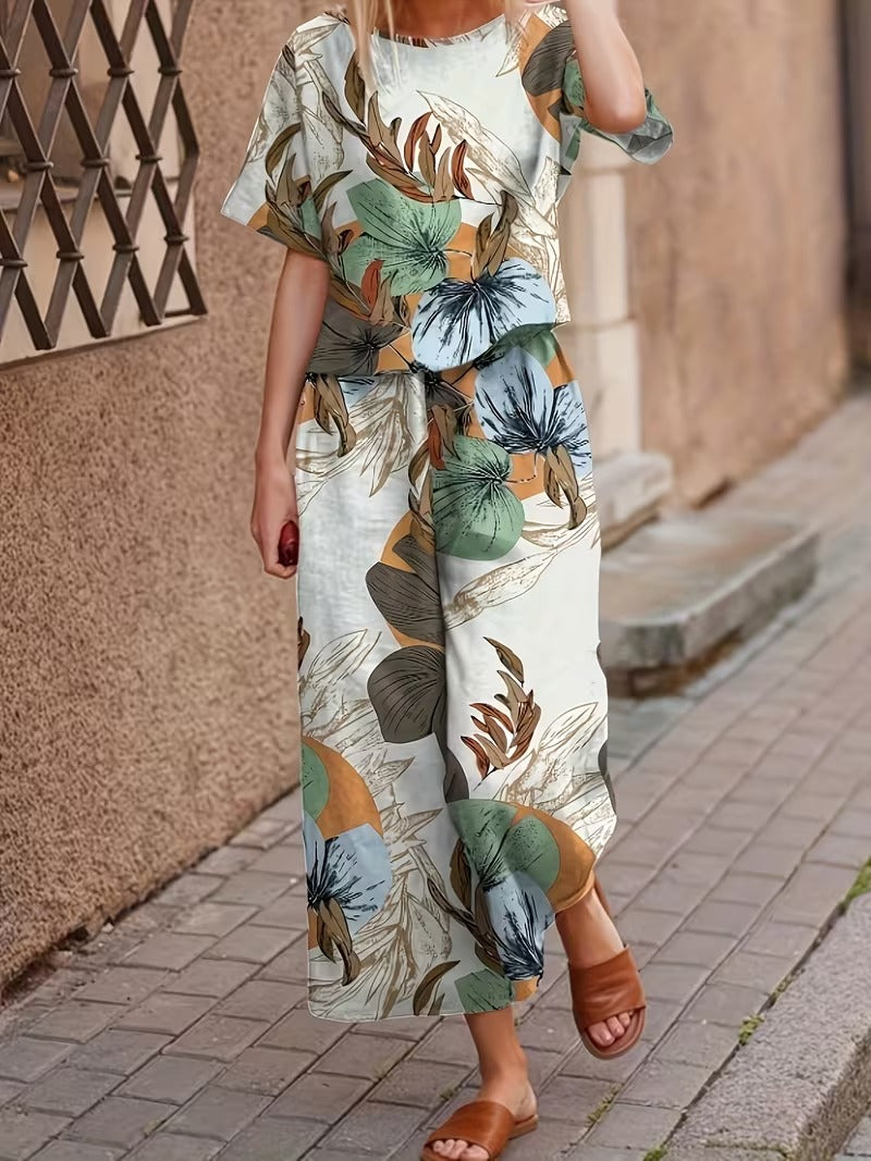 Women’s Casual Botanical Print Shirt & Wide-Leg Pants Set
