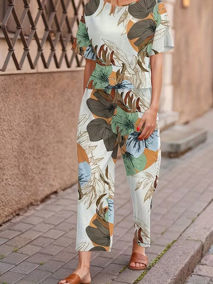 Women’s Casual Botanical Print Shirt & Wide-Leg Pants Set