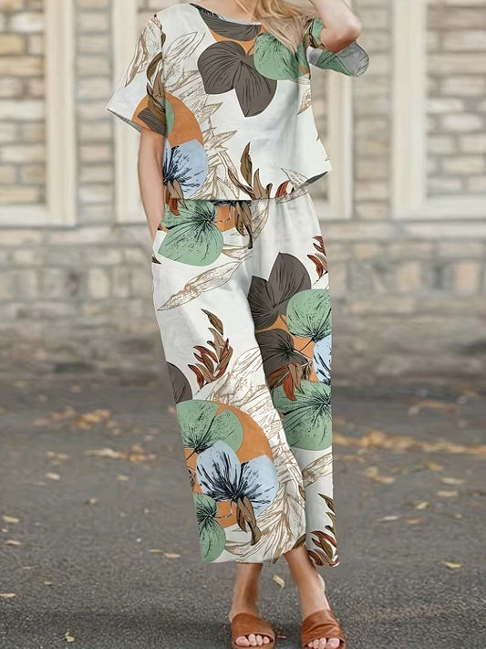 Women’s Casual Botanical Print Shirt & Wide-Leg Pants Set