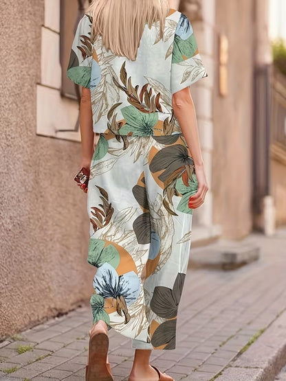 Women’s Casual Botanical Print Shirt & Wide-Leg Pants Set
