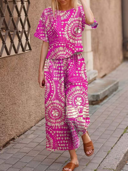 Women’s Casual Botanical Print Shirt & Wide-Leg Pants Set