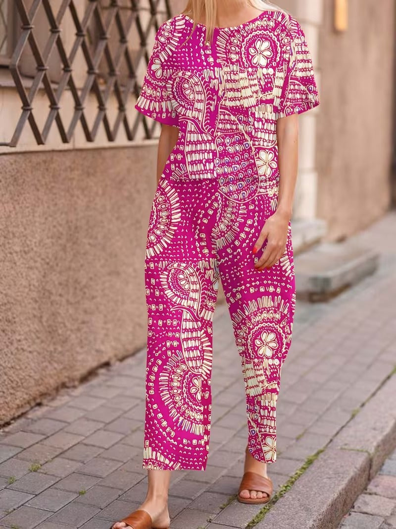 Women’s Casual Botanical Print Shirt & Wide-Leg Pants Set