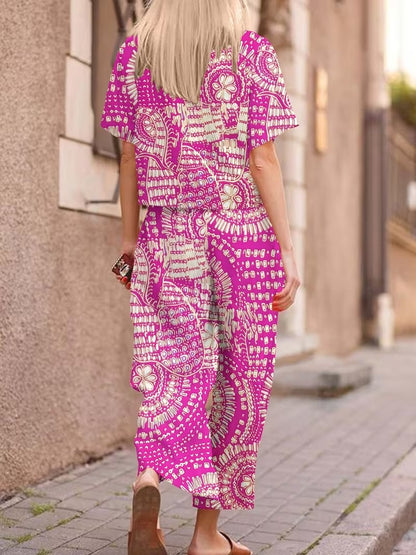 Women’s Casual Botanical Print Shirt & Wide-Leg Pants Set