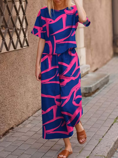 Women’s Casual Botanical Print Shirt & Wide-Leg Pants Set