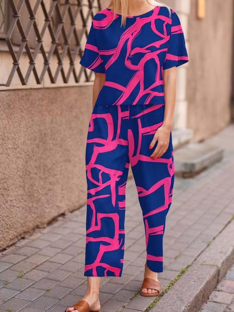 Women’s Casual Botanical Print Shirt & Wide-Leg Pants Set