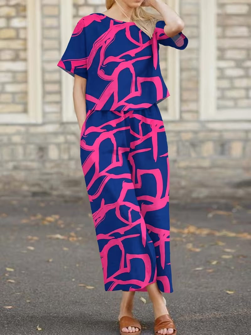 Women’s Casual Botanical Print Shirt & Wide-Leg Pants Set