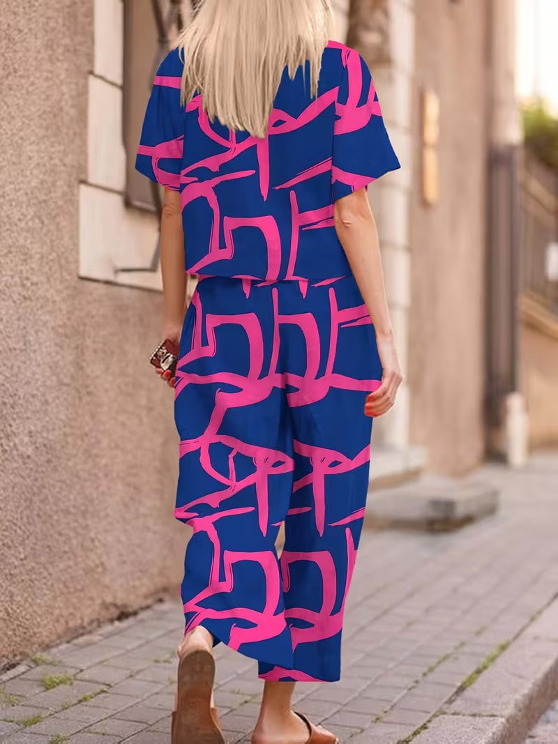 Women’s Casual Botanical Print Shirt & Wide-Leg Pants Set