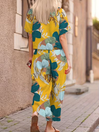 Women’s Casual Botanical Print Shirt & Wide-Leg Pants Set