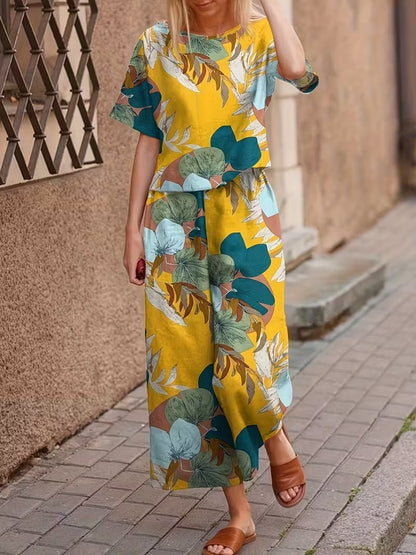 Women’s Casual Botanical Print Shirt & Wide-Leg Pants Set
