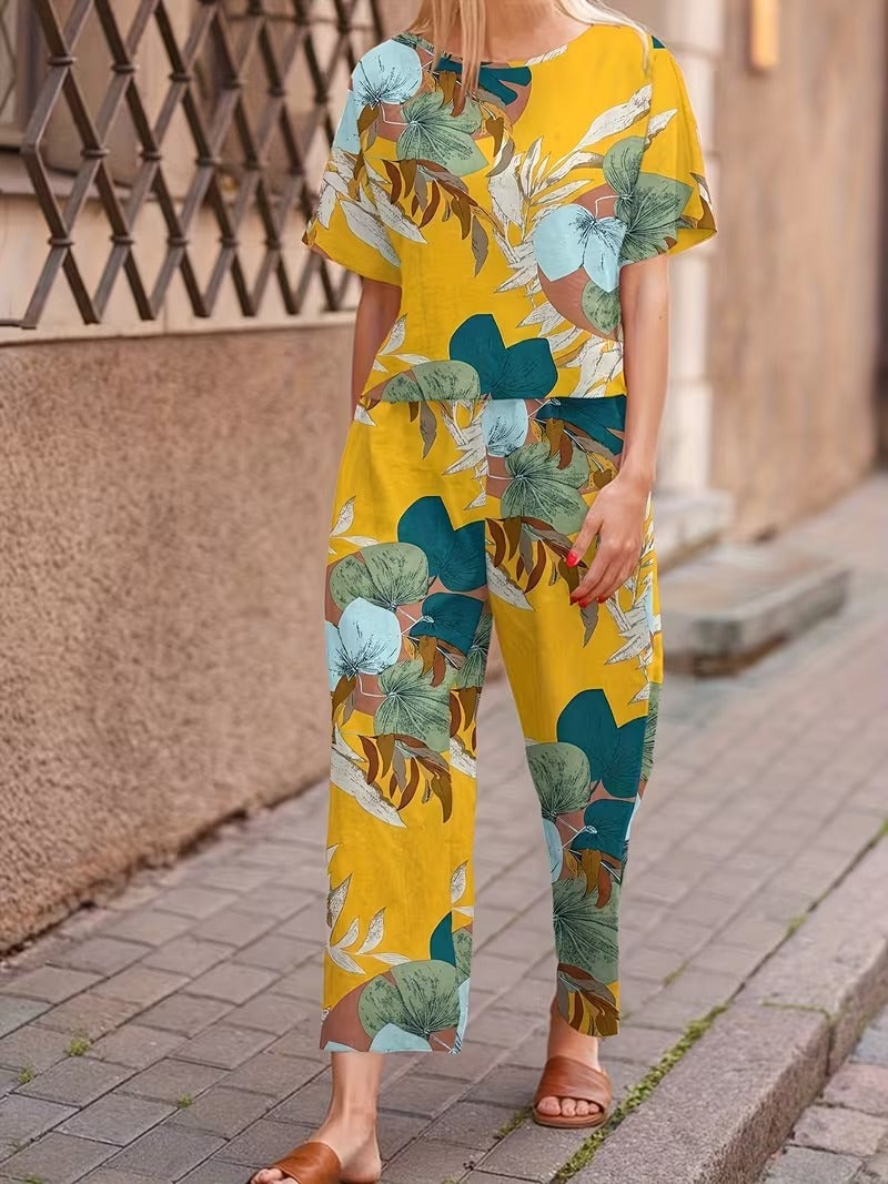Women’s Casual Botanical Print Shirt & Wide-Leg Pants Set