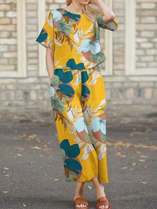 Women’s Casual Botanical Print Shirt & Wide-Leg Pants Set