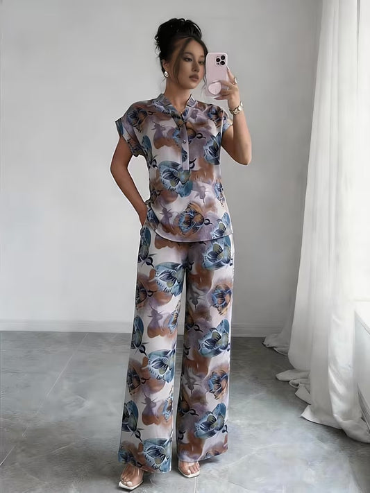 Women’s Stylish Printed Top & Relaxed Pants 2-Piece Set