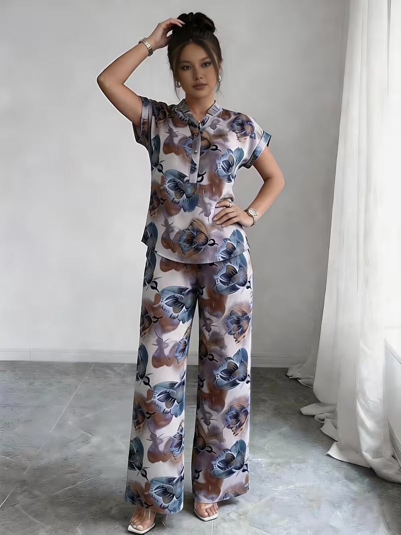 Women’s Stylish Printed Top & Relaxed Pants 2-Piece Set