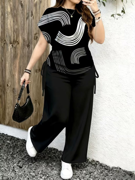 Women’s Stylish Print Short Sleeve Top & Wide-Leg Pants Matching Set