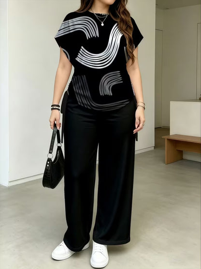 Women’s Stylish Print Short Sleeve Top & Wide-Leg Pants Matching Set