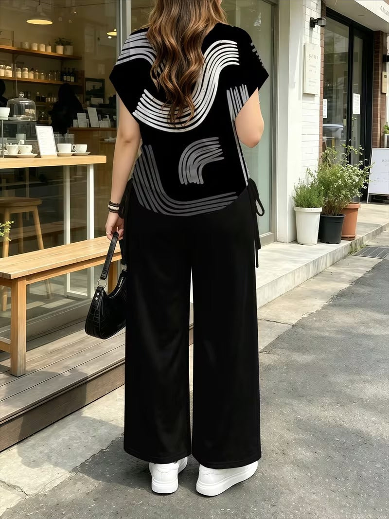 Women’s Stylish Print Short Sleeve Top & Wide-Leg Pants Matching Set