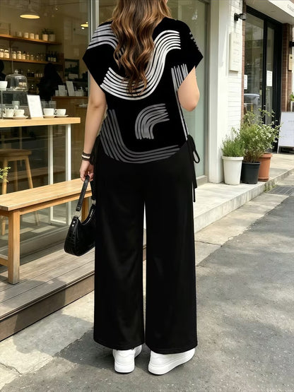 Women’s Stylish Print Short Sleeve Top & Wide-Leg Pants Matching Set
