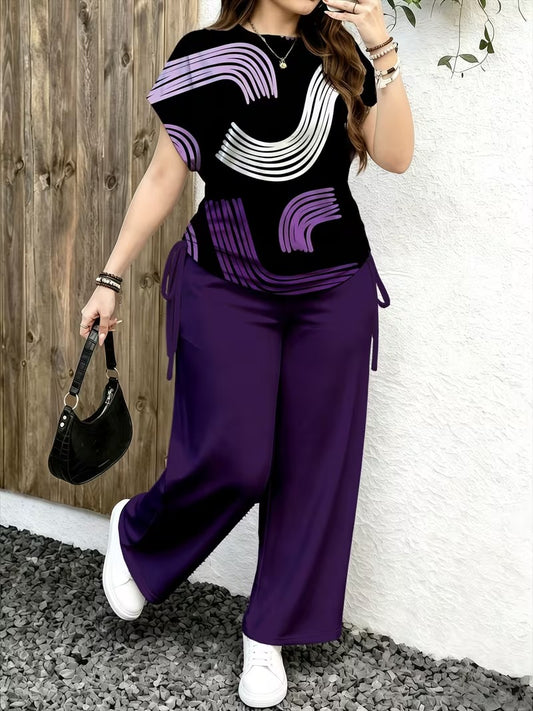 Women’s Stylish Print Short Sleeve Top & Wide-Leg Pants Matching Set