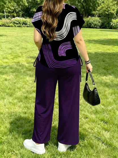 Women’s Stylish Print Short Sleeve Top & Wide-Leg Pants Matching Set