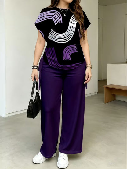 Women’s Stylish Print Short Sleeve Top & Wide-Leg Pants Matching Set