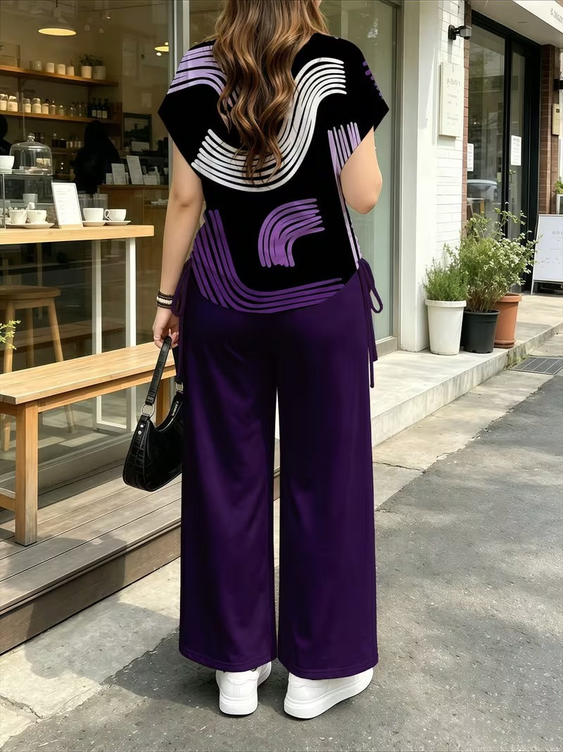 Women’s Stylish Print Short Sleeve Top & Wide-Leg Pants Matching Set