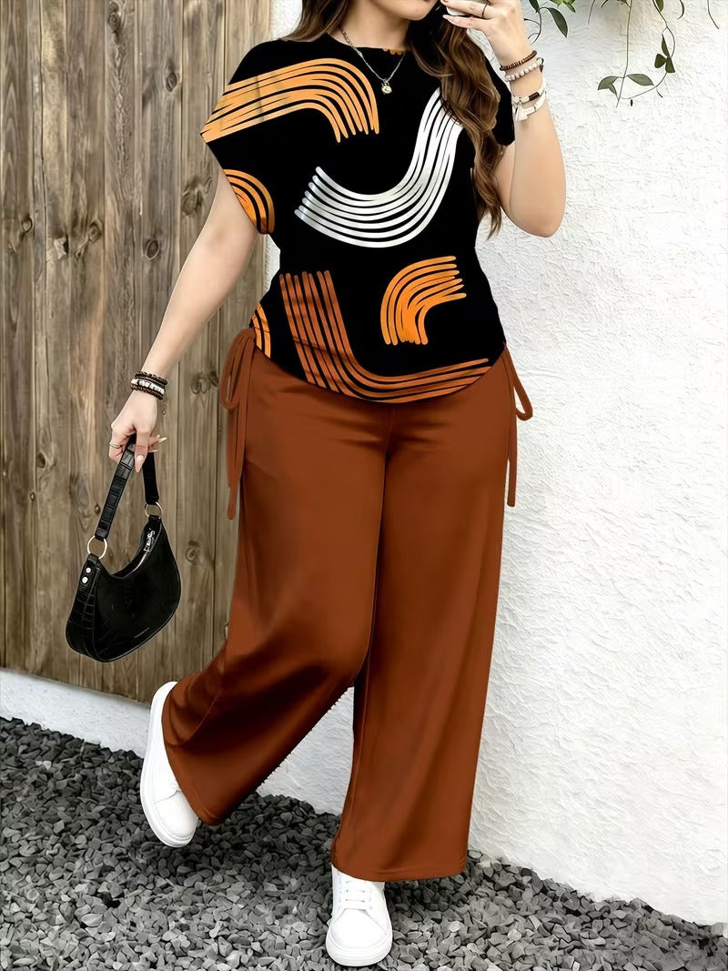 Women’s Stylish Print Short Sleeve Top & Wide-Leg Pants Matching Set