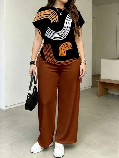 Women’s Stylish Print Short Sleeve Top & Wide-Leg Pants Matching Set
