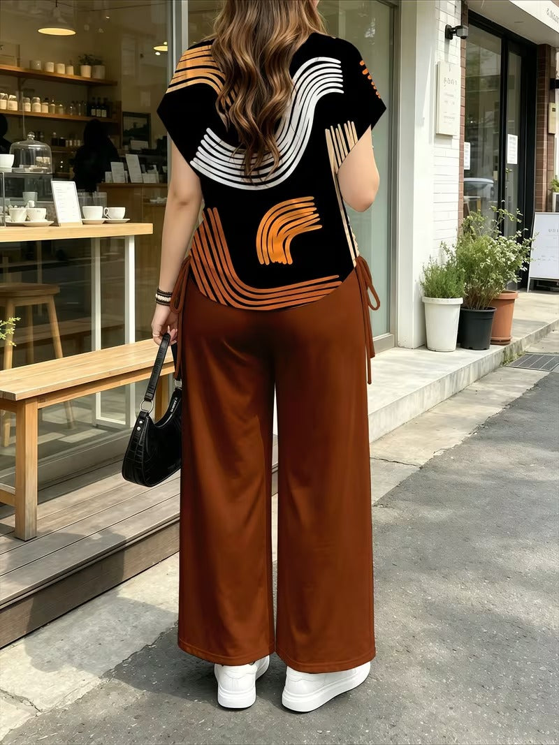 Women’s Stylish Print Short Sleeve Top & Wide-Leg Pants Matching Set