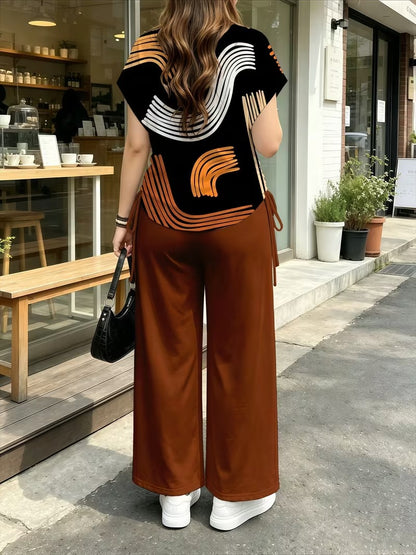 Women’s Stylish Print Short Sleeve Top & Wide-Leg Pants Matching Set