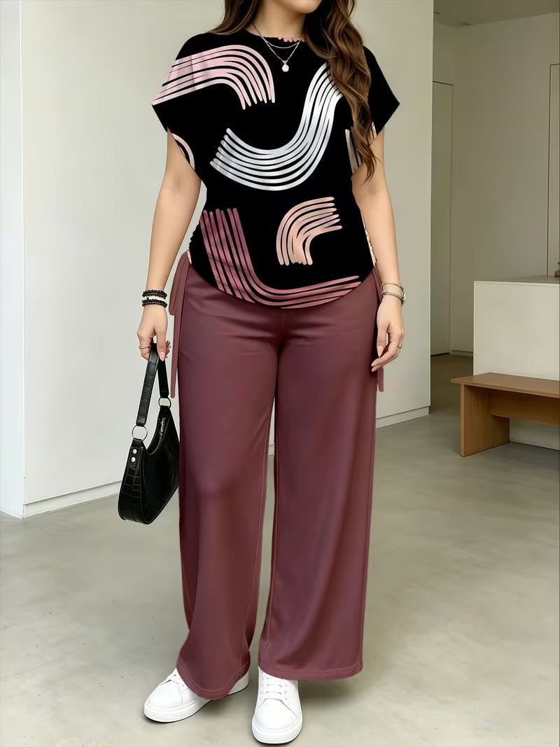 Women’s Stylish Print Short Sleeve Top & Wide-Leg Pants Matching Set