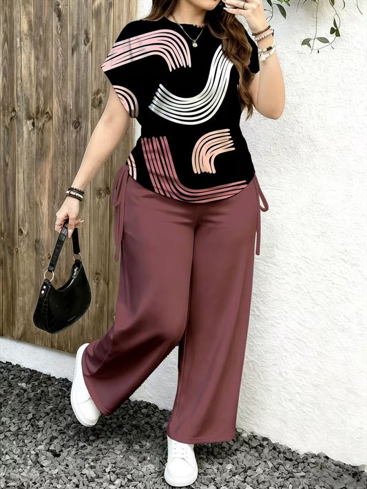 Women’s Stylish Print Short Sleeve Top & Wide-Leg Pants Matching Set