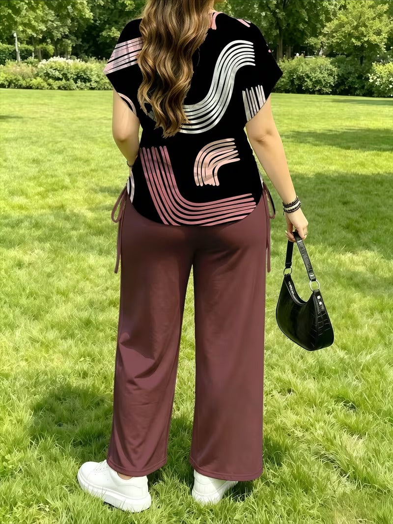 Women’s Stylish Print Short Sleeve Top & Wide-Leg Pants Matching Set