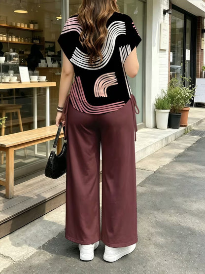 Women’s Stylish Print Short Sleeve Top & Wide-Leg Pants Matching Set