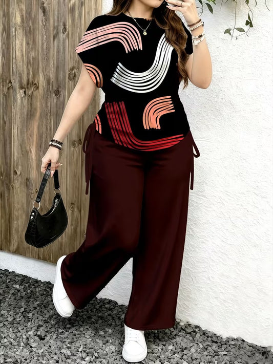 Women’s Stylish Print Short Sleeve Top & Wide-Leg Pants Matching Set