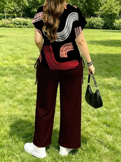 Women’s Stylish Print Short Sleeve Top & Wide-Leg Pants Matching Set