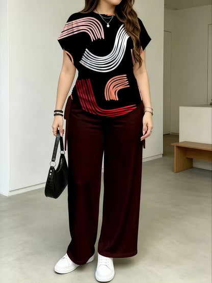 Women’s Stylish Print Short Sleeve Top & Wide-Leg Pants Matching Set