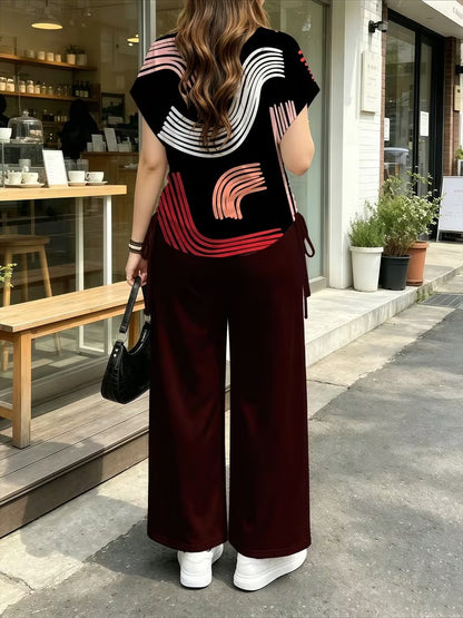 Women’s Stylish Print Short Sleeve Top & Wide-Leg Pants Matching Set