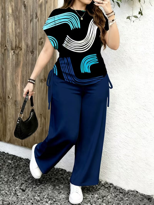 Women’s Stylish Print Short Sleeve Top & Wide-Leg Pants Matching Set