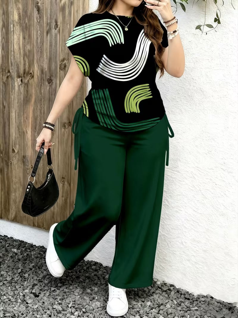 Women’s Stylish Print Short Sleeve Top & Wide-Leg Pants Matching Set