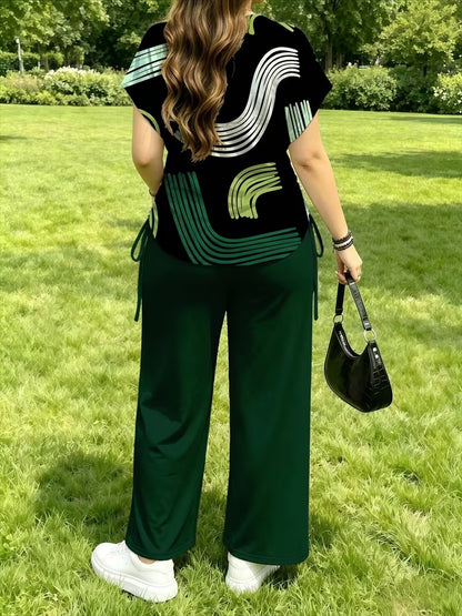 Women’s Stylish Print Short Sleeve Top & Wide-Leg Pants Matching Set