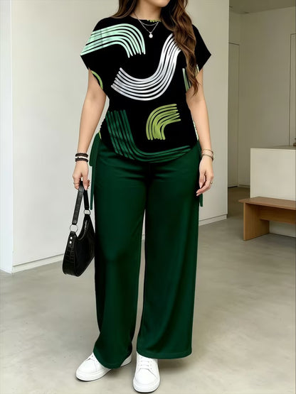 Women’s Stylish Print Short Sleeve Top & Wide-Leg Pants Matching Set