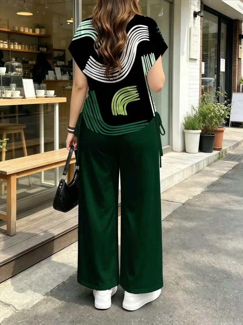 Women’s Stylish Print Short Sleeve Top & Wide-Leg Pants Matching Set