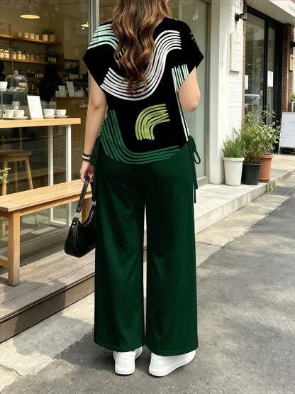 Women’s Stylish Print Short Sleeve Top & Wide-Leg Pants Matching Set