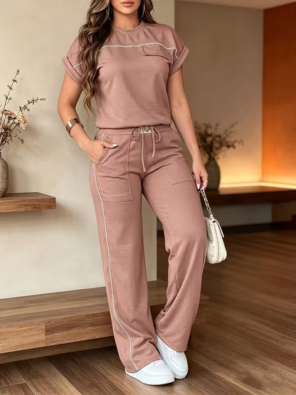 Women’s Versatile Round Neck Top & Straight-Leg Pants Summer Set