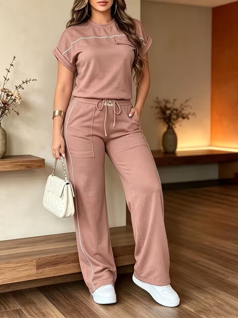 Women’s Versatile Round Neck Top & Straight-Leg Pants Summer Set